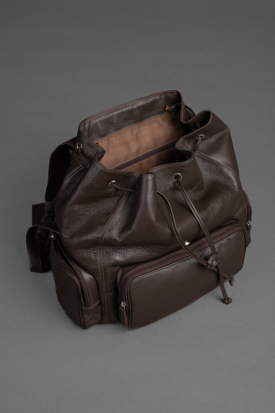 Mochila Couro 3 Bolsos - Marrom