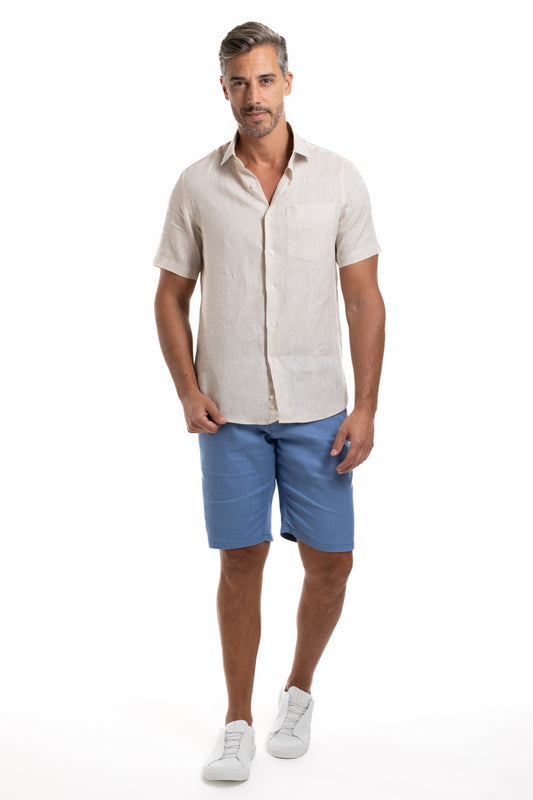 Bermuda Linho Bolso Faca Cós Elástico - Azul