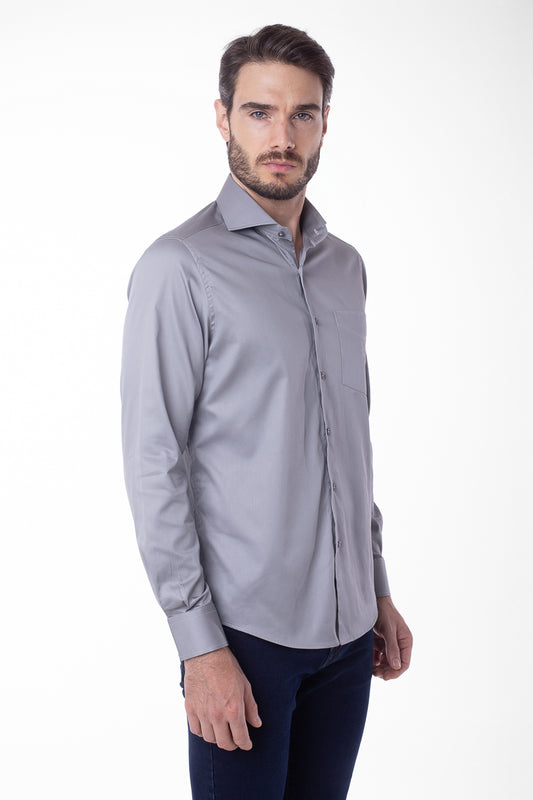 Camisa Manga Longa Cetim Lisa - Cinza Medio