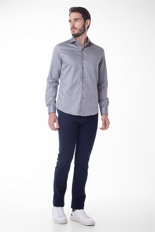Camisa Manga Longa Cetim Lisa - Cinza Medio