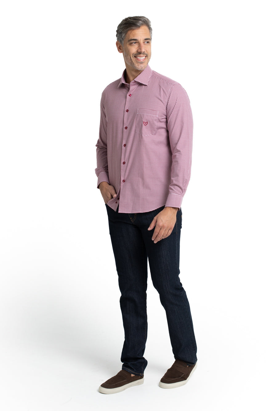 Camisa Xadrez Colarinho Italiano Easy Iron - Vermelho