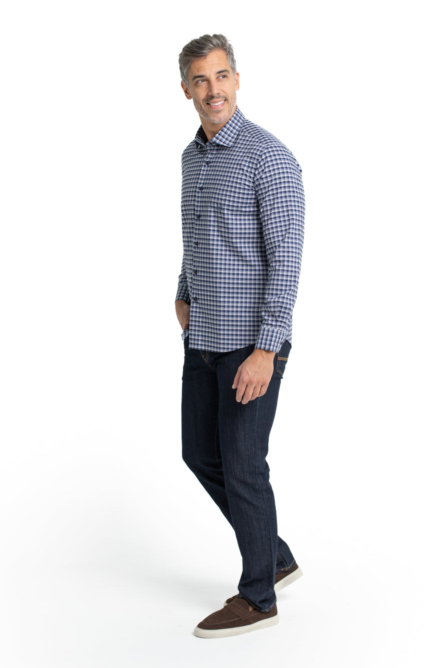 Camisa Xadrez Colarinho Italiano Easy Iron - Marinho