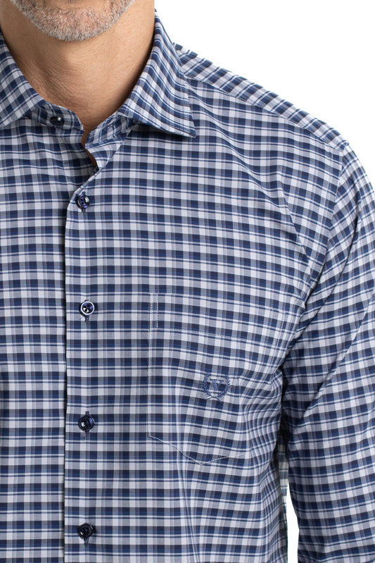 Camisa Xadrez Colarinho Italiano Easy Iron - Marinho