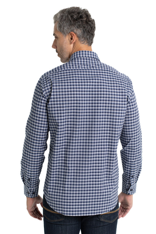 Camisa Xadrez Colarinho Italiano Easy Iron - Marinho