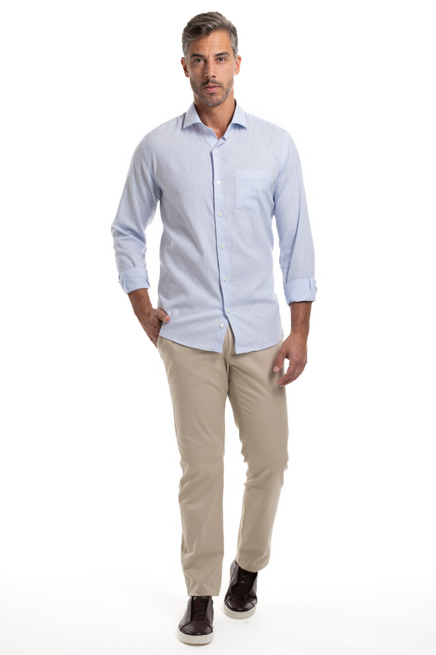 Camisa Slim Linho Algodão - Azul Claro