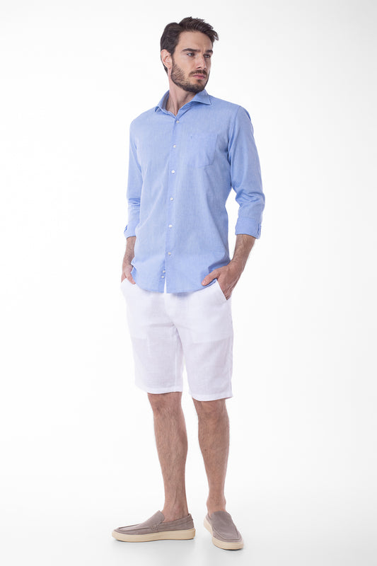 Camisa Manga Longa Linho Com Algodão - Azul.
