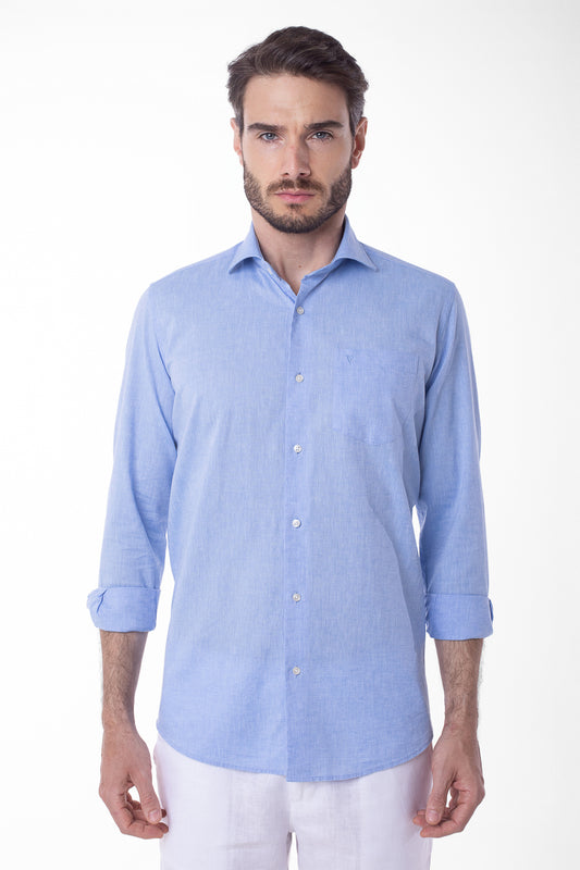 Camisa Manga Longa Linho Com Algodão - Azul.