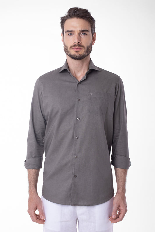Camisa Manga Longa Linho Com Algodão - Verde Musgo
