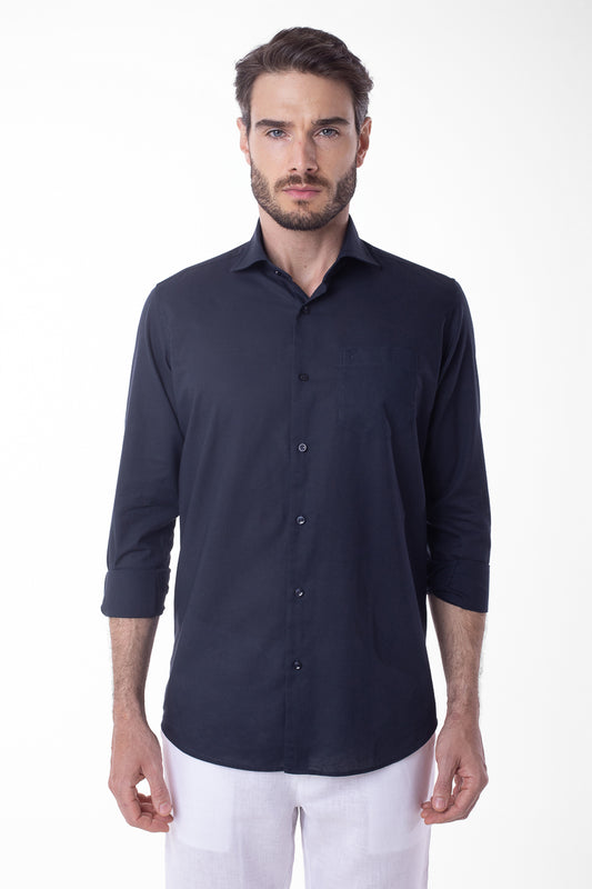 Camisa Manga Longa Linho Com Algodão - Marinho Noite