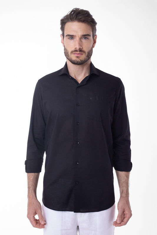 Camisa Manga Longa Linho Com Algodão - Preto