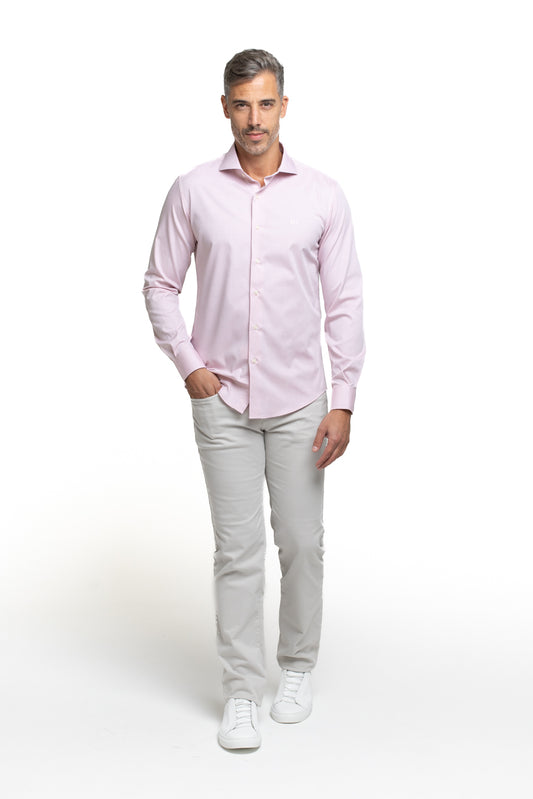 Camisa Algodão Slim Colarinho Italiano - Rosa Claro