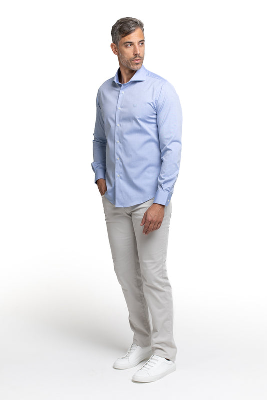 Camisa Algodão Slim Colarinho Italiano - Azul Medio