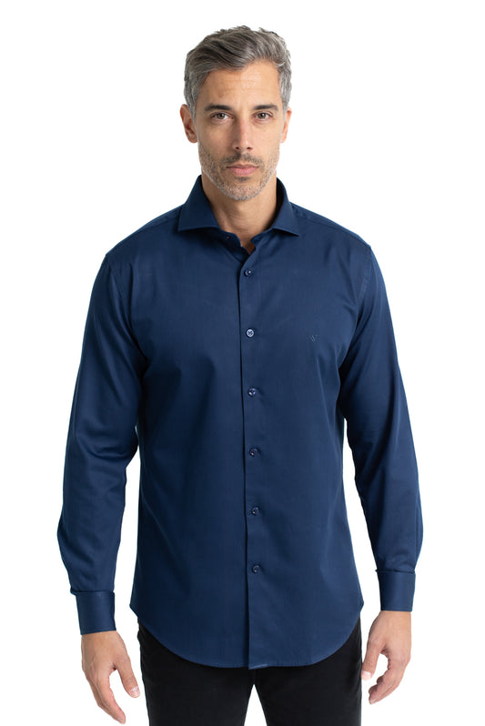 Camisa Cetim Lisa De Algodão Slim - Marinho