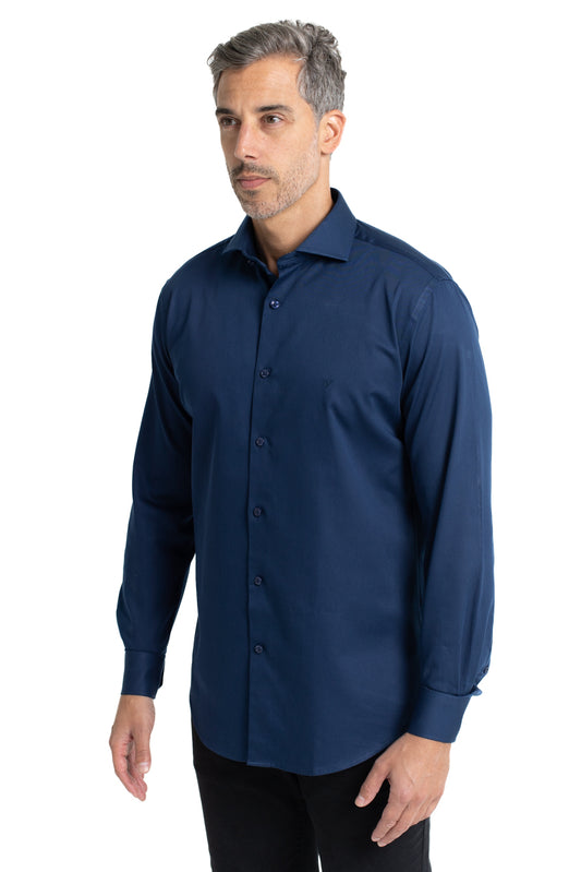 Camisa Cetim Lisa De Algodão Slim - Marinho