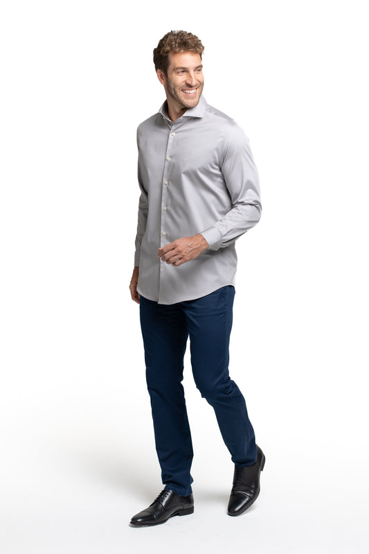 Camisa Cetim Lisa De Algodão Slim - Cinza