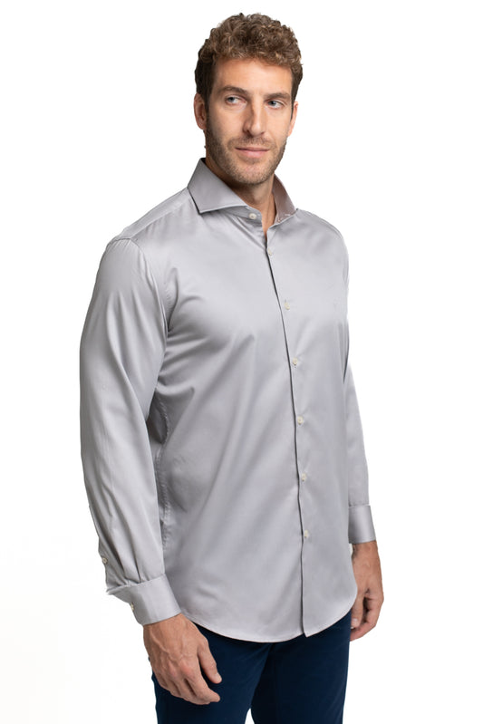 Camisa Cetim Lisa De Algodão Slim - Cinza