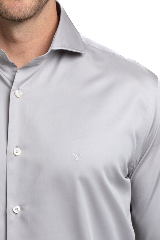 Camisa Cetim Lisa De Algodão Slim - Cinza