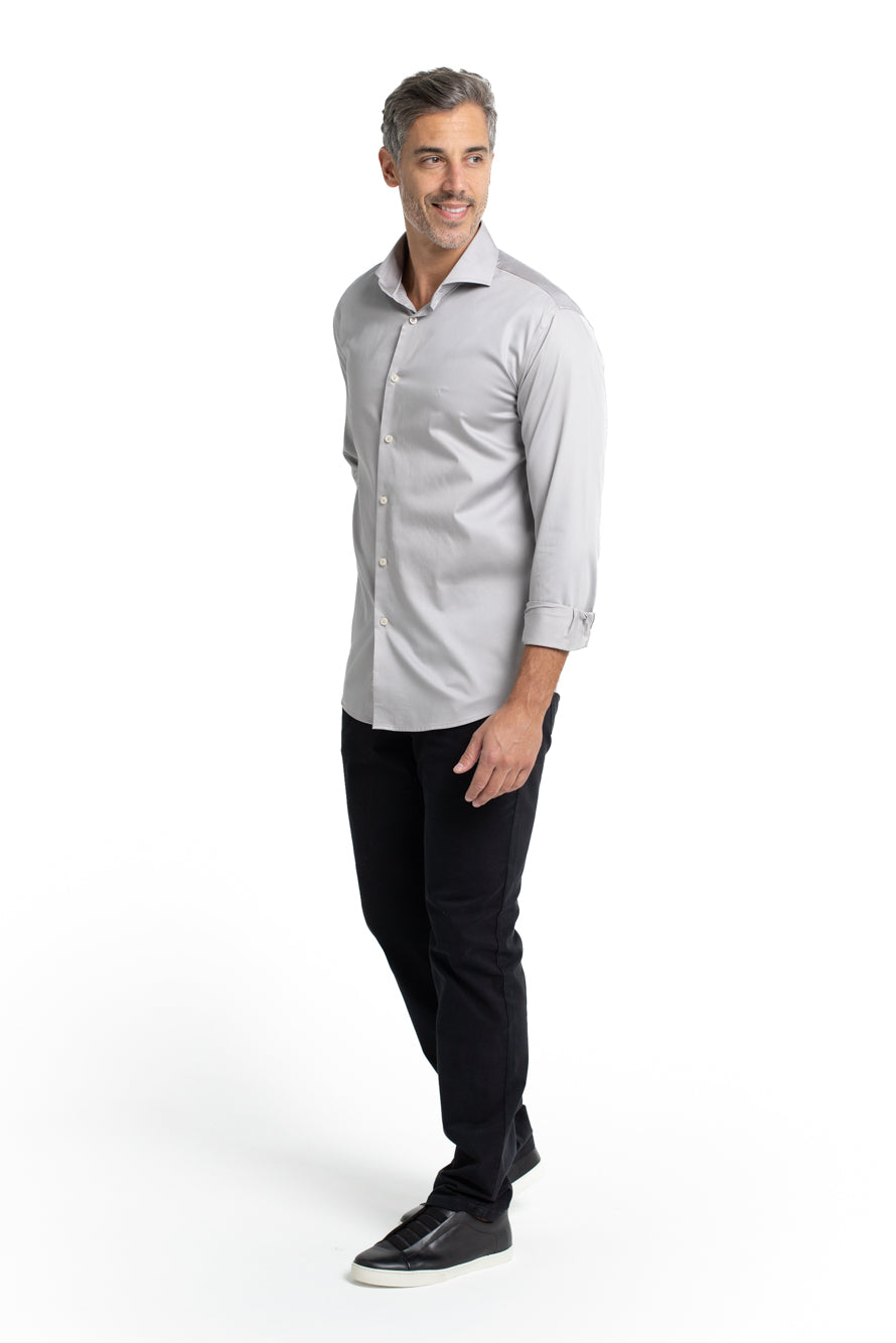Camisa Lisa Slim Manga Longa - Cinza