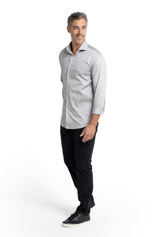 Camisa Lisa Slim Manga Longa - Cinza