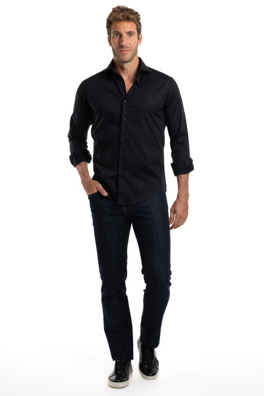 Camisa Lisa Slim Cetim Strech - Preto