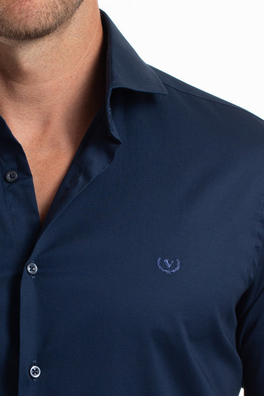 Camisa Lisa Slim Cetim Strech - Azul Escuro