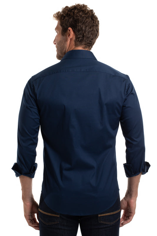 Camisa Lisa Slim Cetim Strech - Azul Escuro