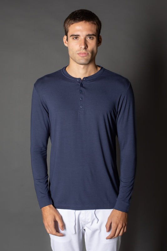 Camiseta Manga Longa Slim Gola Portuguesa 5 Botões - Marinho