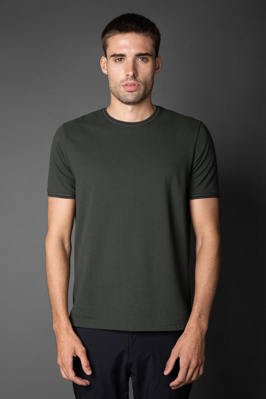 Camiseta Manga Curta Slim Pique Friso Duplo - Verde Escuro