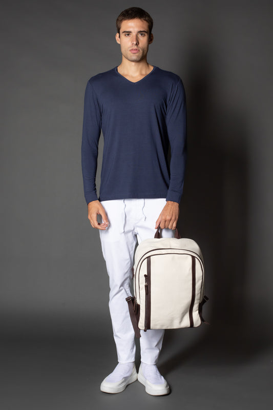 Camiseta Manga Longa Gola Slim Gola v Corte a Fio - Marinho
