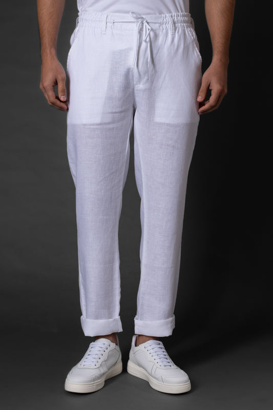 Calça Slim Linho Bolso Faca Com Cordão Interno - Branco