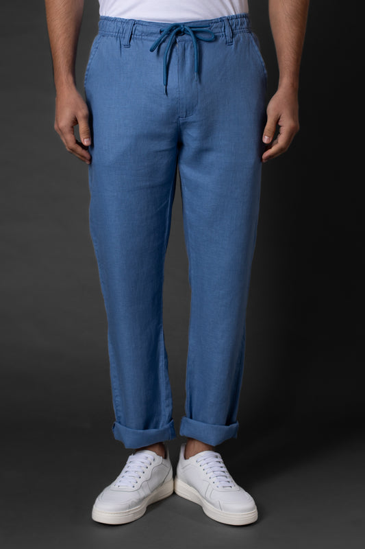 Calça Slim Linho Bolso Faca Com Cordão Interno - Marinho