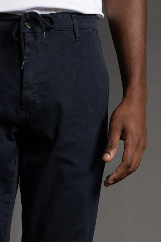 Calça Chino Slim Com Cordão - Azul Escuro
