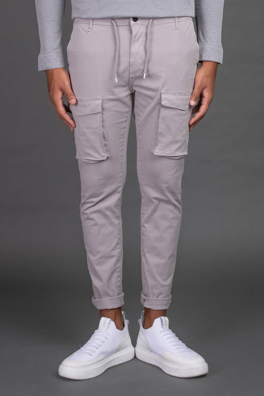 Calça Chino Slim Com Bolso Cargo - Cinza