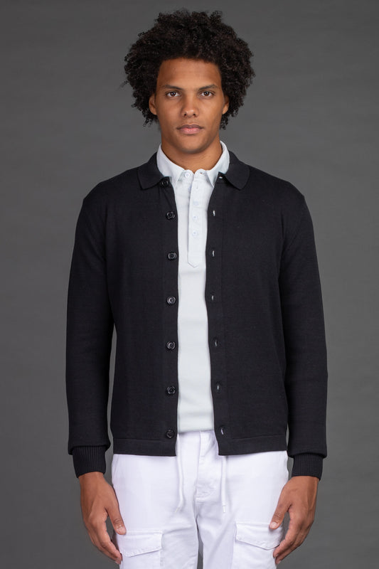 Malha Com Botão Gola Polo - Preto