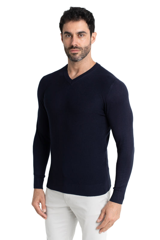 Malha Tricot Decote V Lisa - Azul