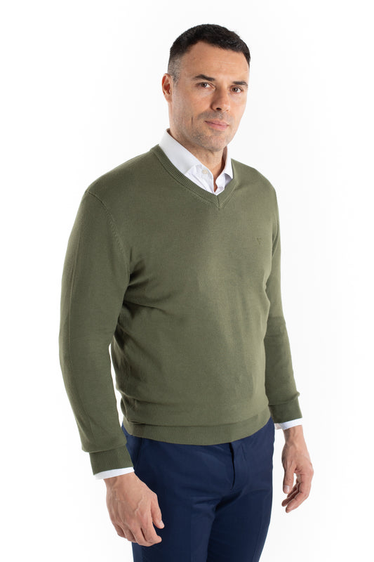 Malha Tricot Decote V - Verde Musgo