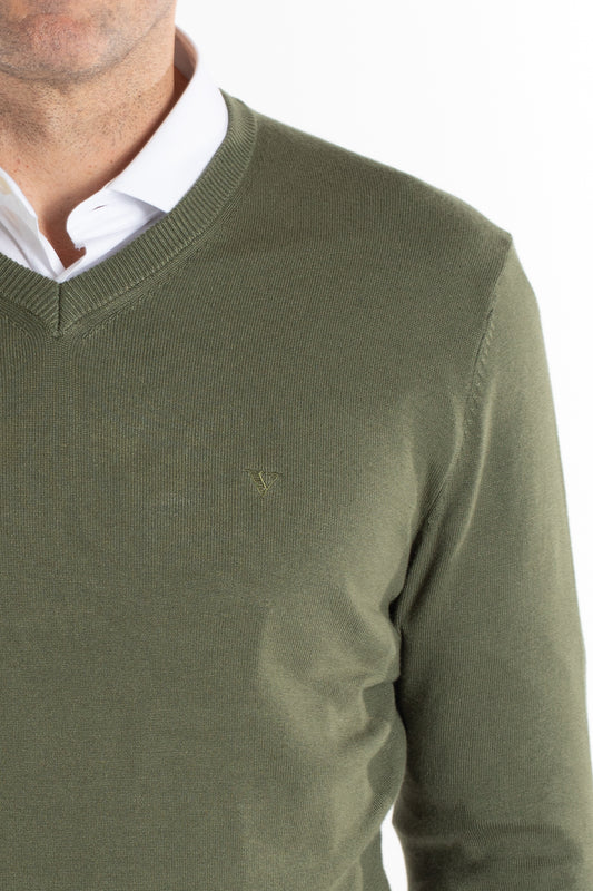 Malha Tricot Decote V - Verde Musgo