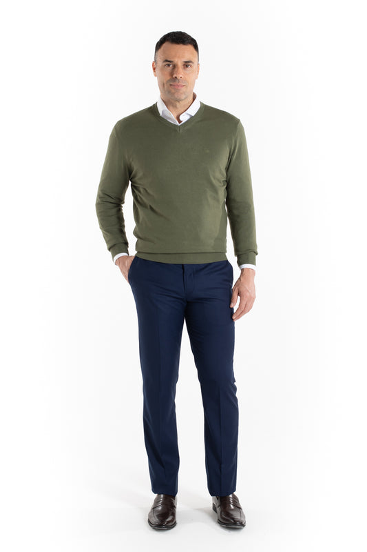 Malha Tricot Decote V - Verde Musgo