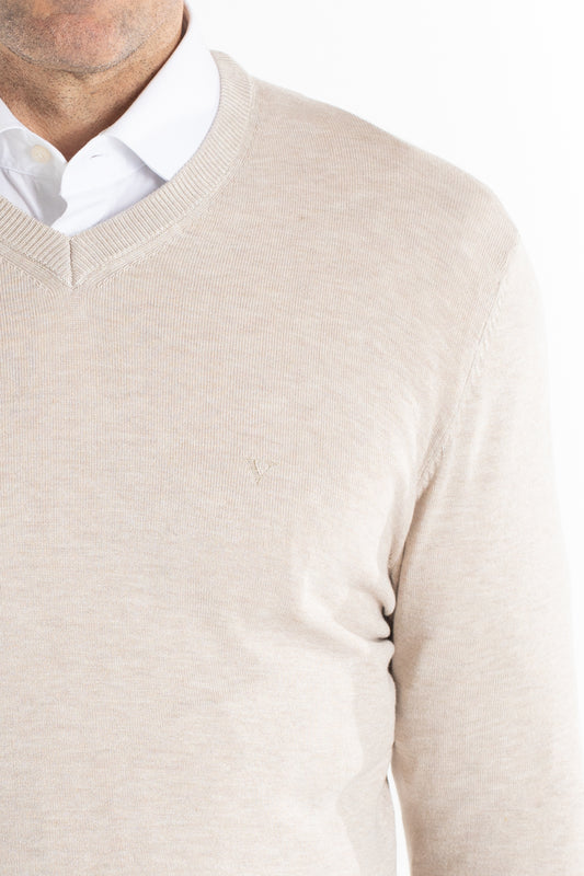 Malha Tricot Decote V - Areia