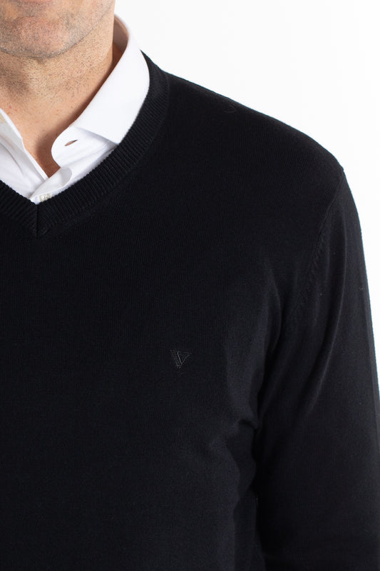 Malha Tricot Decote V - Preto