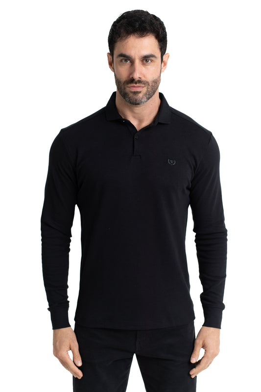 Polo Manga Longa Suedine E Gola - Preto