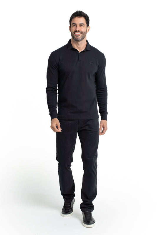 Polo Manga Longa Suedine E Gola - Preto
