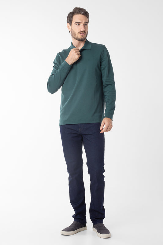 Polo Manga Longa Lisa com Stretch - Verde