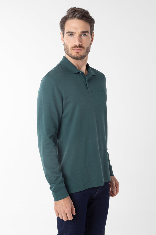 Polo Manga Longa Lisa com Stretch - Verde