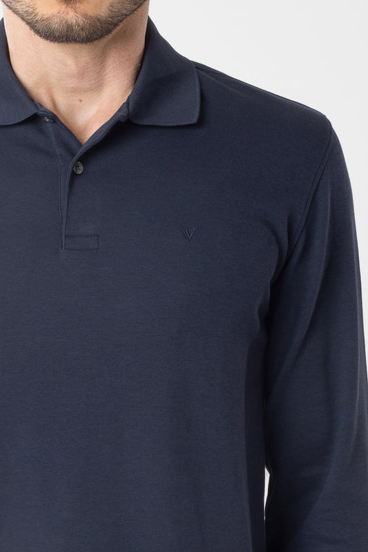 Polo Manga Longa Lisa com Stretch - Marinho