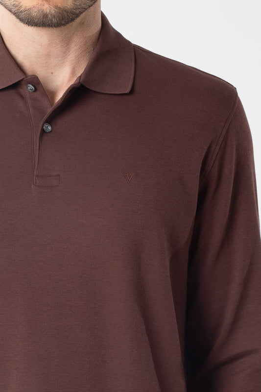 Polo Manga Longa Lisa com Stretch - Marrom