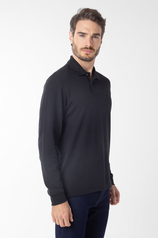Polo Manga Longa Lisa com Stretch - Preto