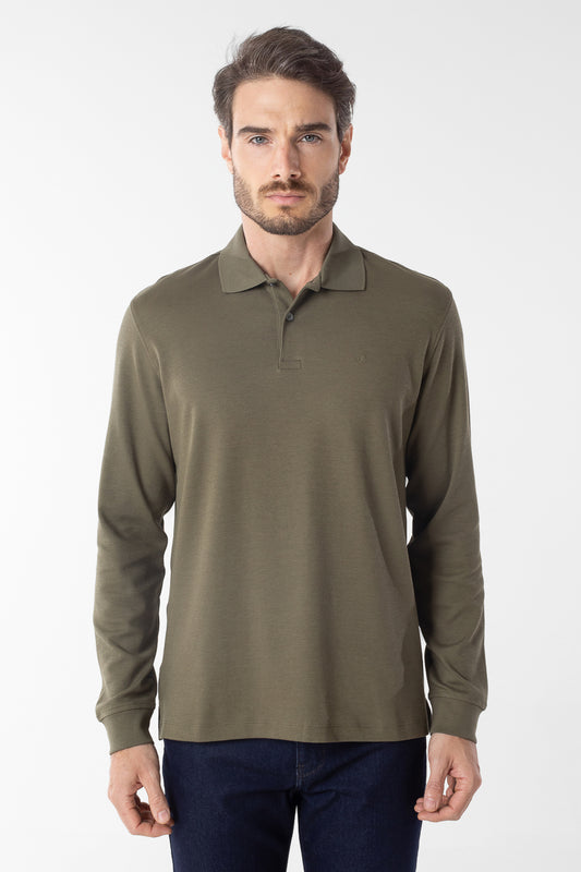 Polo Manga Longa Lisa com Stretch - Verde Militar