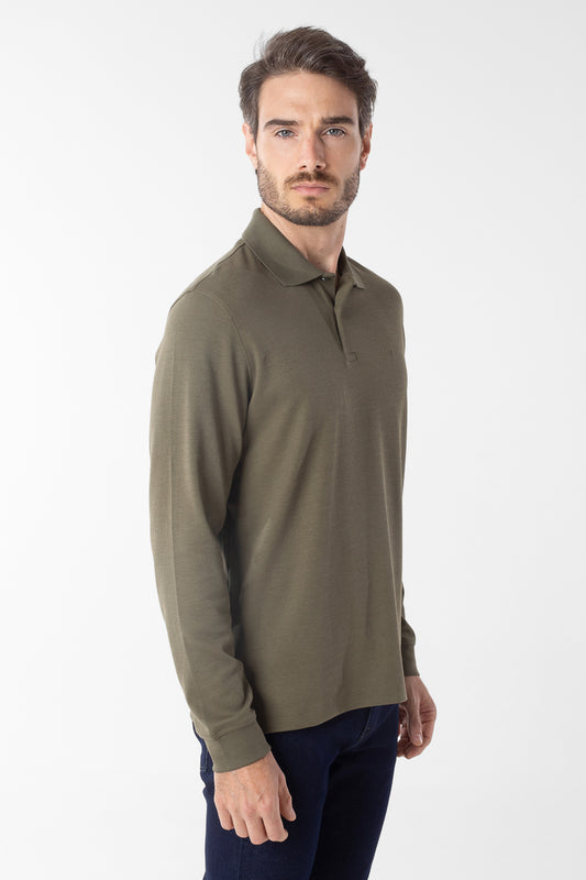 Polo Manga Longa Lisa com Stretch - Verde Militar