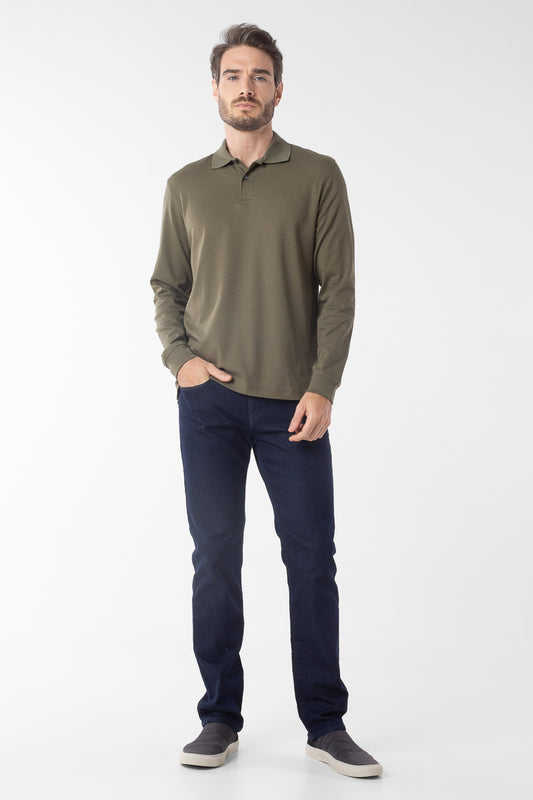 Polo Manga Longa Lisa com Stretch - Verde Militar